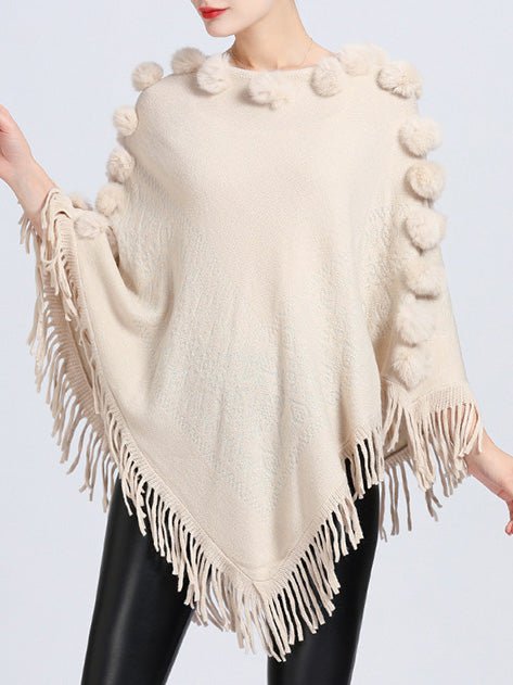 Women's Sweaters Furball Fringed Shawl Pullover Knit Sweater