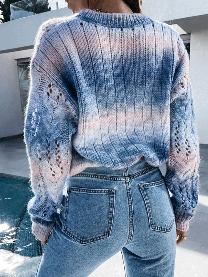 Women's Sweaters Gradient Tie-Dye Rainbow Round Neck Cutout Sweater