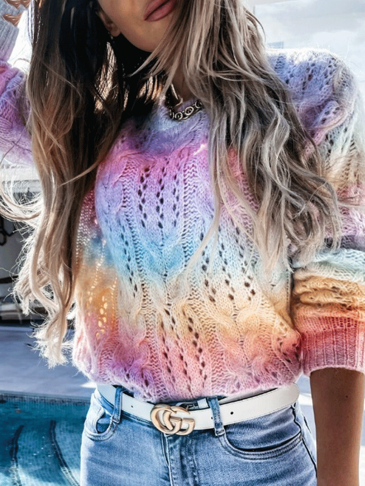 Women's Sweaters Gradient Tie-Dye Rainbow Round Neck Cutout Sweater