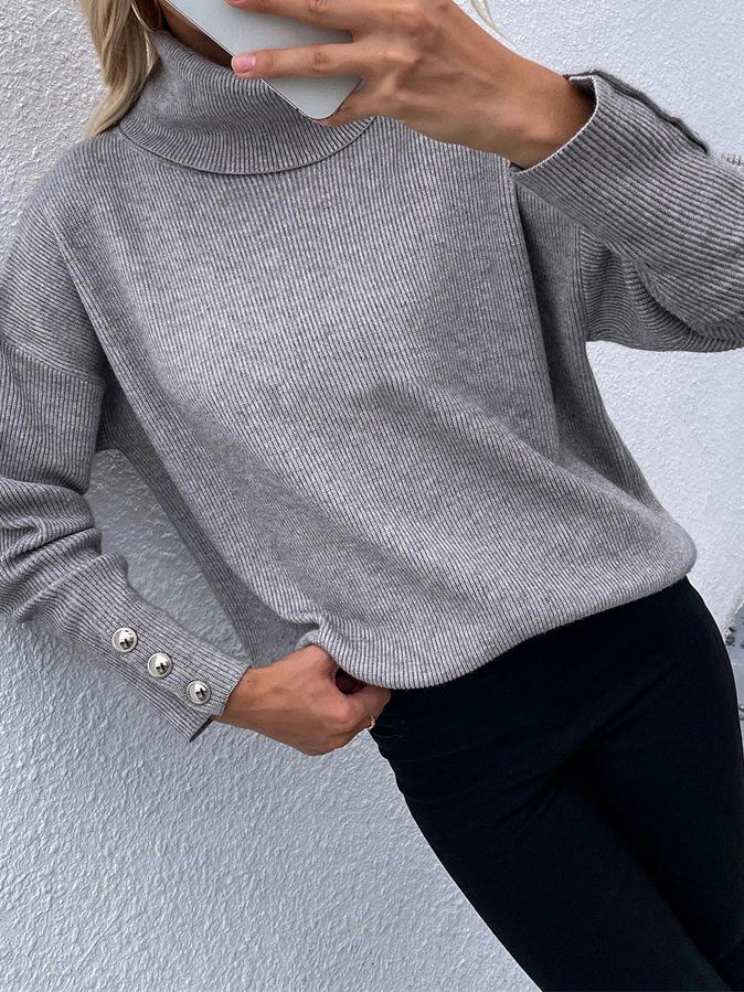 Women's Sweaters High Head Button Solid Long Sleeve Sweater