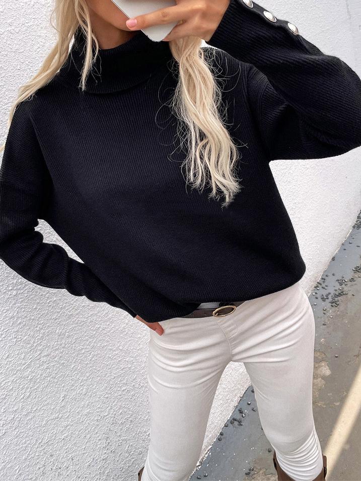 Women's Sweaters High Head Button Solid Long Sleeve Sweater