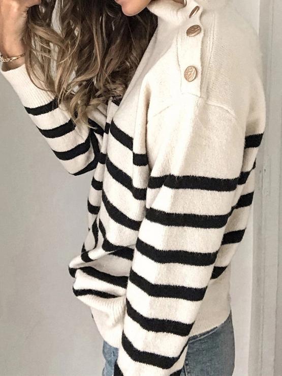 Women's Sweaters High Neck Pullover Strap Studded Striped Sweater