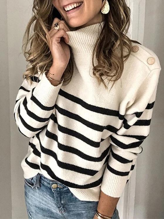 Women's Sweaters High Neck Pullover Strap Studded Striped Sweater