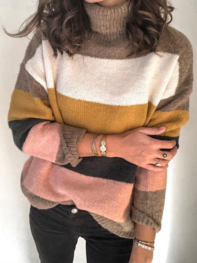 Women's Sweaters High Neck Stitching Striped Knitted Sweater