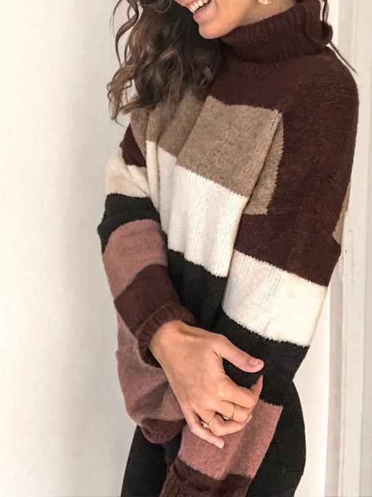 Women's Sweaters High Neck Stitching Striped Knitted Sweater
