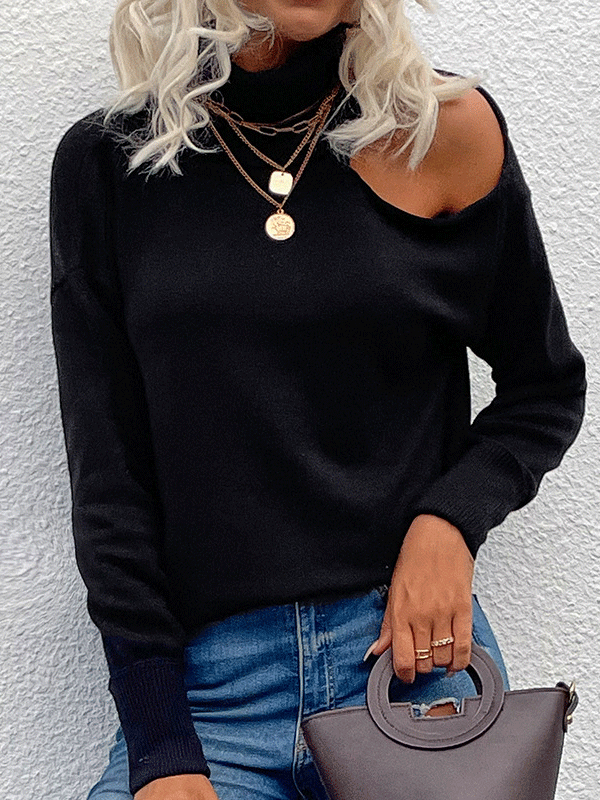 Women's Sweaters High Neck Strapless Long Sleeve Sweater