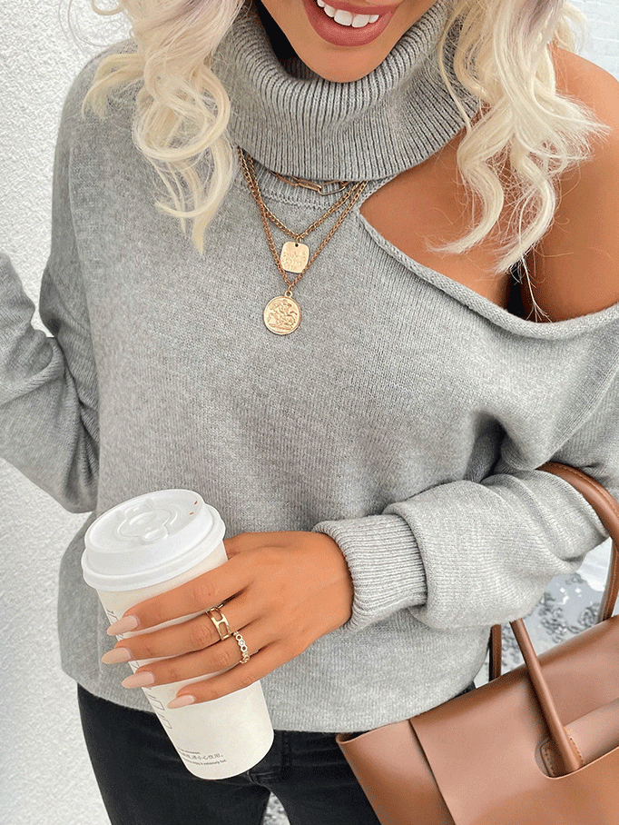 Women's Sweaters High Neck Strapless Long Sleeve Sweater