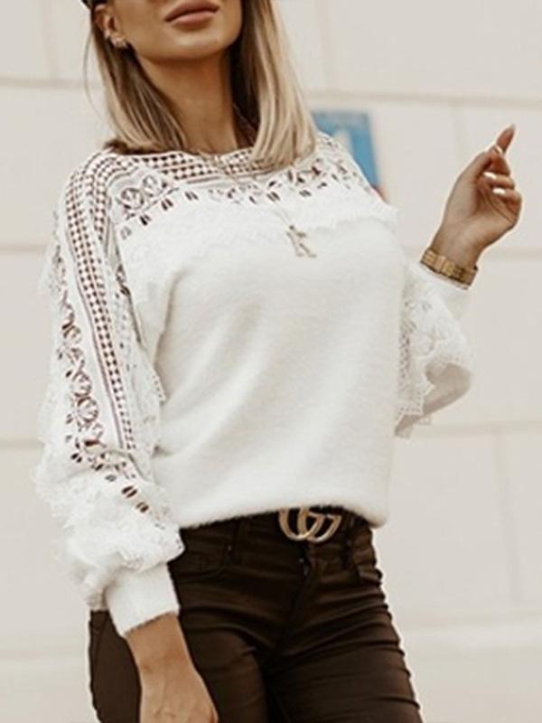 Women's Sweaters Hollow Pattern Lace Stitching Lantern Sleeve Sweater