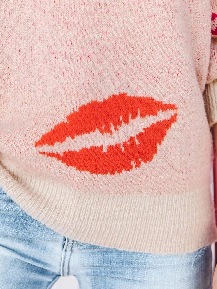 Women's Sweaters KISS Lip Print V-Neck Pullover Sweater