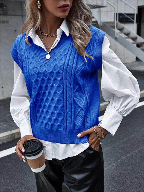 Women's Sweaters Knit V-Neck Vest Sleeveless Cable Sweater