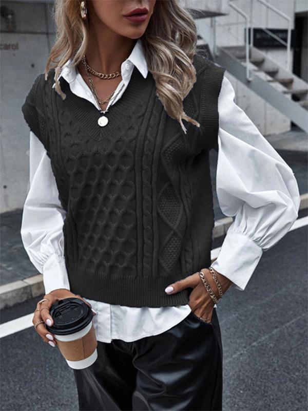 Women's Sweaters Knit V-Neck Vest Sleeveless Cable Sweater
