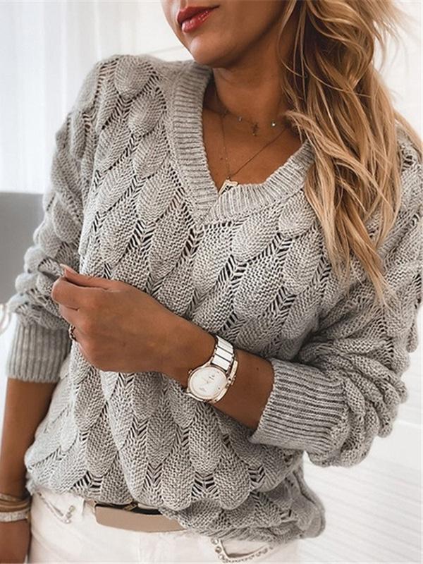 Women's Sweaters Knitted Feather Hollow V-Neck Long Sleeve Sweater