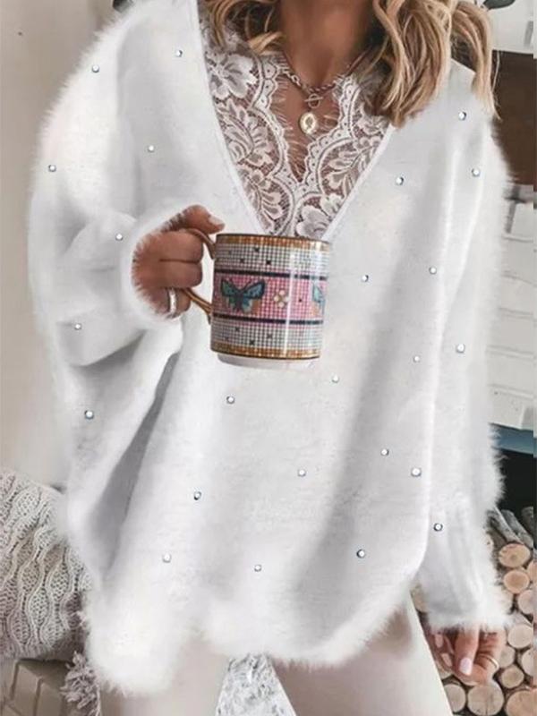 Women's Sweaters Lace Stitching Beaded V-Neck Long Sleeve Sweater