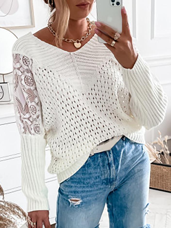 Women's Sweaters Lace Stitching Long Sleeve Hollow Knit Sweater