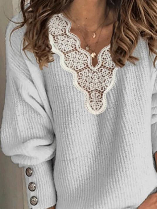 Women's Sweaters Lace V-Neck Loose Long Sleeve Sweater