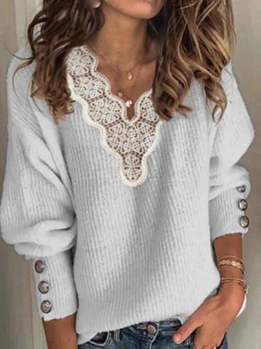 Women's Sweaters Lace V-Neck Loose Long Sleeve Sweater