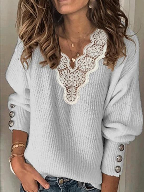 Women's Sweaters Lace V-Neck Loose Long Sleeve Sweater