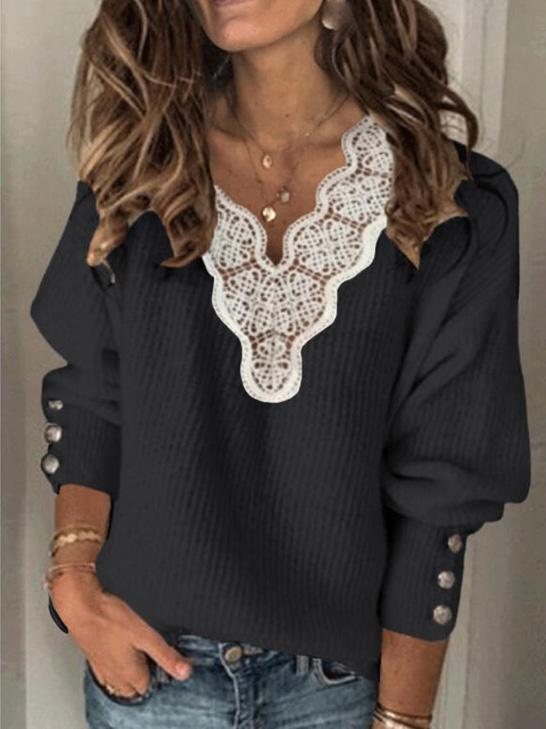 Women's Sweaters Lace V-Neck Loose Long Sleeve Sweater