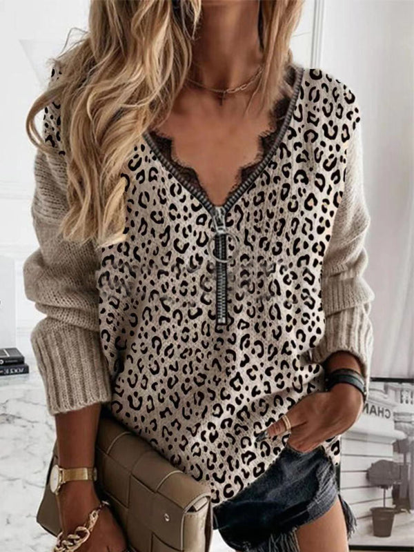 Women's Sweaters Lace Zip Leopard Print Long Sleeve Sweater