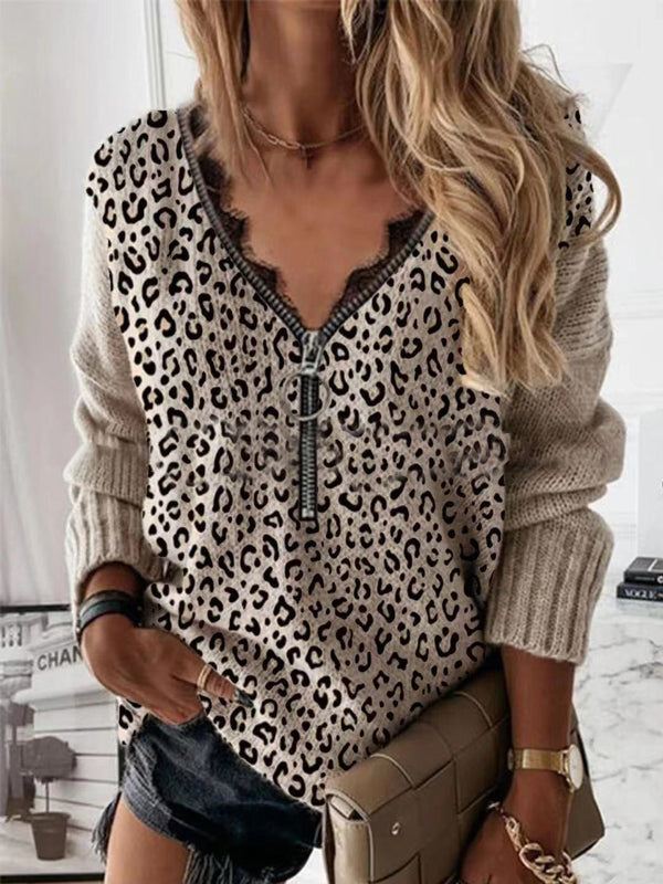 Women's Sweaters Lace Zip Leopard Print Long Sleeve Sweater