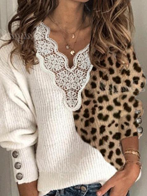 Women's Sweaters Leopard Lace V-Neck Long Sleeve Sweater