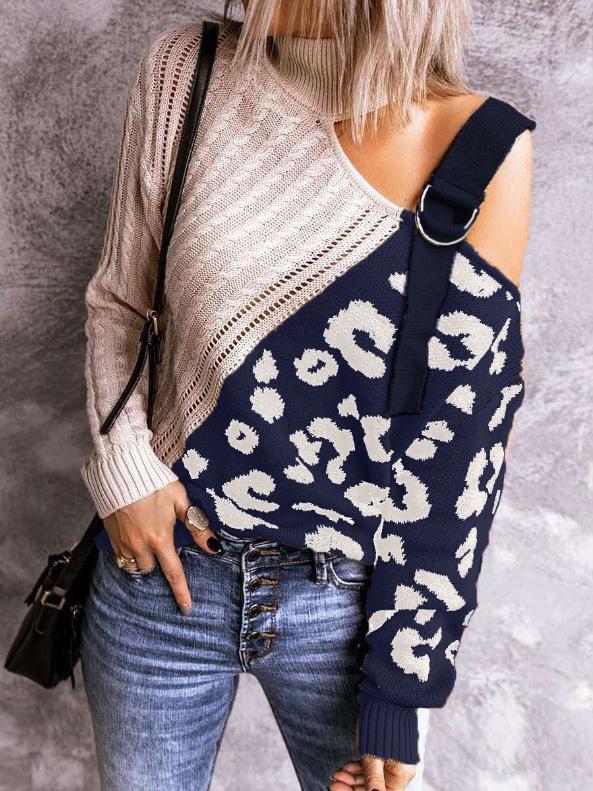 Women's Sweaters Leopard Print Color Block Turtleneck Off-Shoulder Sweater