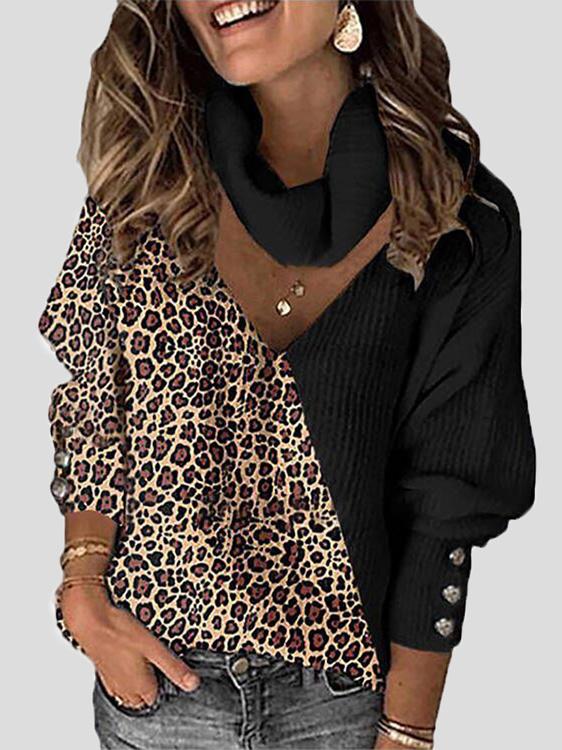Women's Sweaters Leopard Print Color Block V-Neck Scarf Sweater