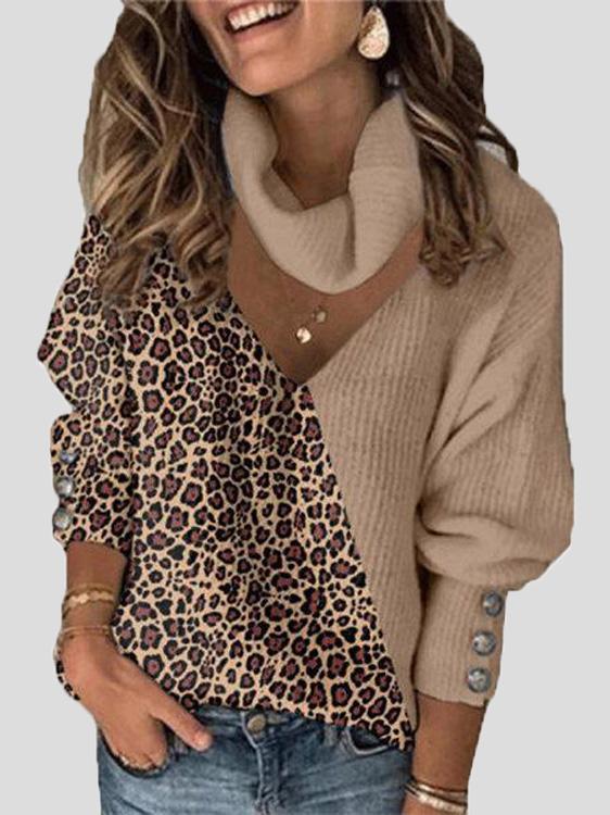 Women's Sweaters Leopard Print Color Block V-Neck Scarf Sweater
