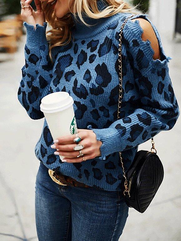 Women's Sweaters Leopard Print High Neck Long Sleeve Off-Shoulder Knitted Sweater