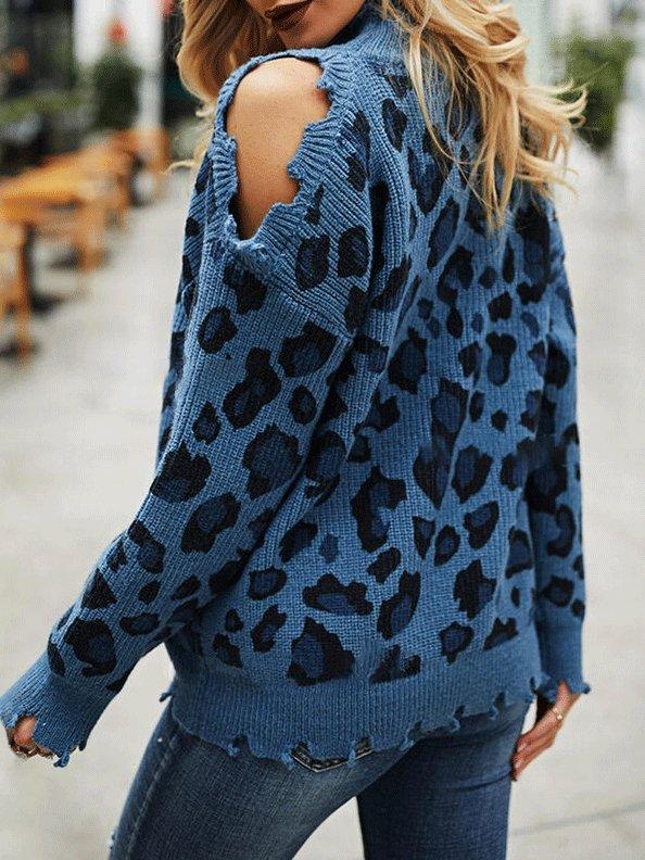 Women's Sweaters Leopard Print High Neck Long Sleeve Off-Shoulder Knitted Sweater