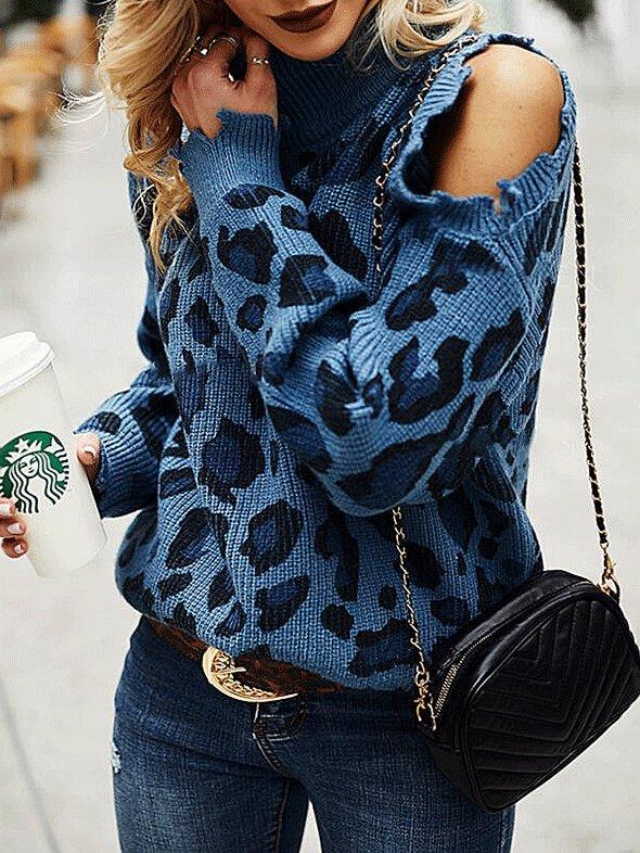 Women's Sweaters Leopard Print High Neck Long Sleeve Off-Shoulder Knitted Sweater