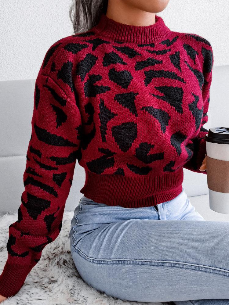 Women's Sweaters Leopard-Print Knitted Cropped Sweater