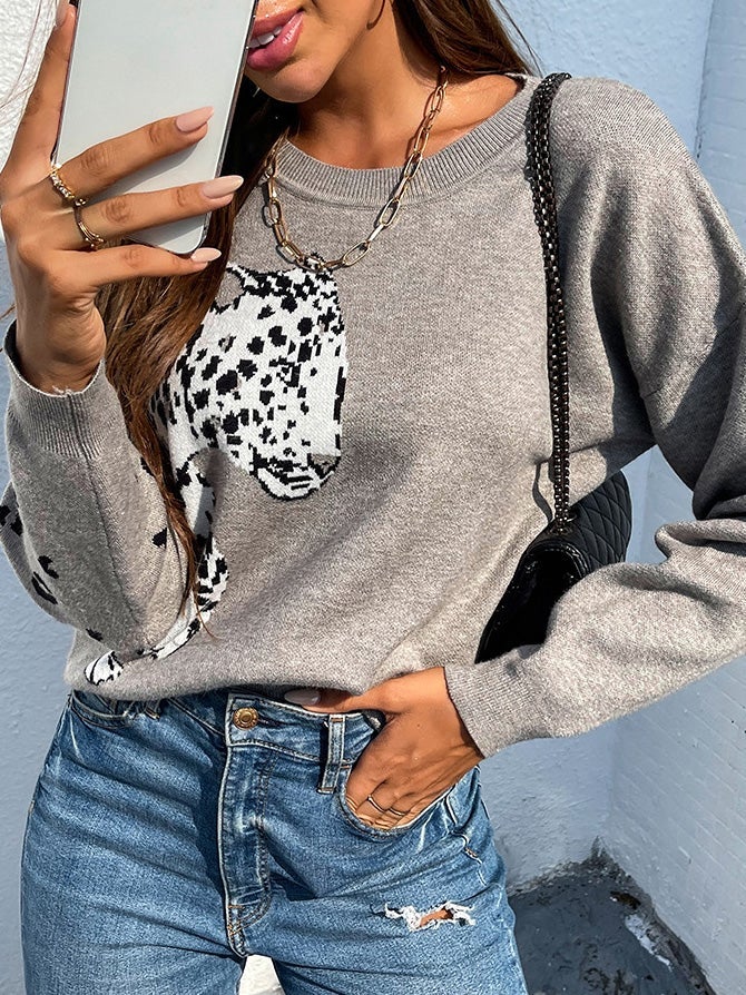 Women's Sweaters Leopard Print Pullover Long Sleeve Knitted Sweater
