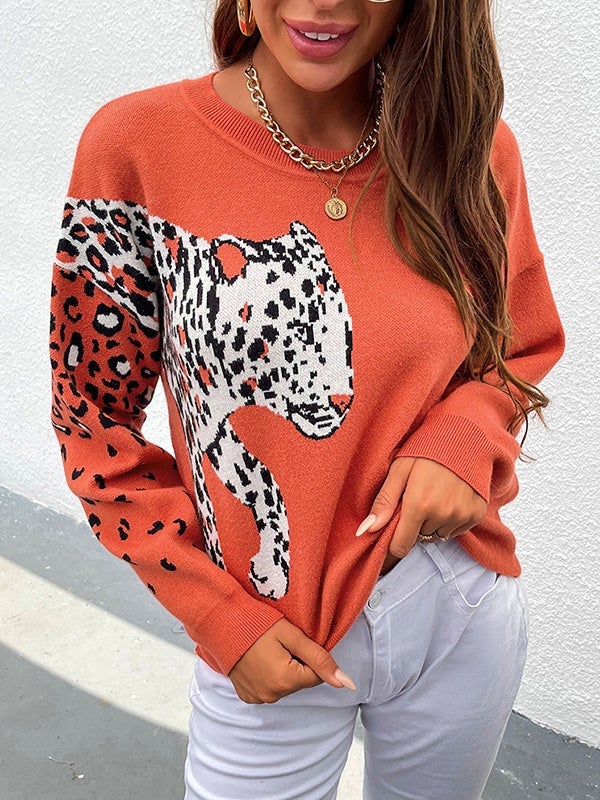 Women's Sweaters Leopard Print Pullover Long Sleeve Knitted Sweater