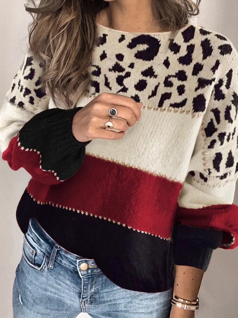 Women's Sweaters Leopard Print Stitching Round Neck Loose Sweater