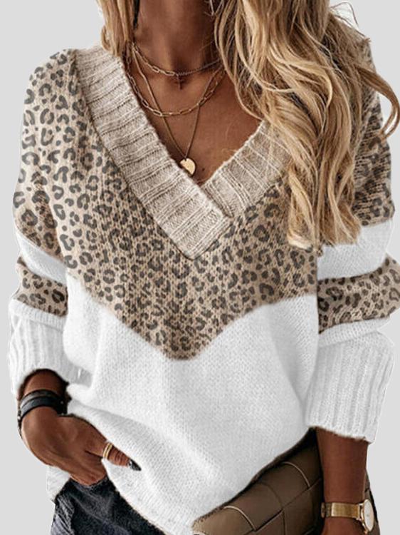 Women's Sweaters Leopard Print Stitching V-Neck Long Sleeve Sweater