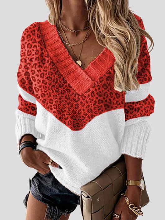 Women's Sweaters Leopard Print Stitching V-Neck Long Sleeve Sweater