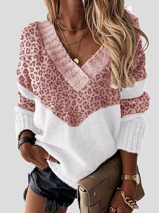 Women's Sweaters Leopard Print Stitching V-Neck Long Sleeve Sweater