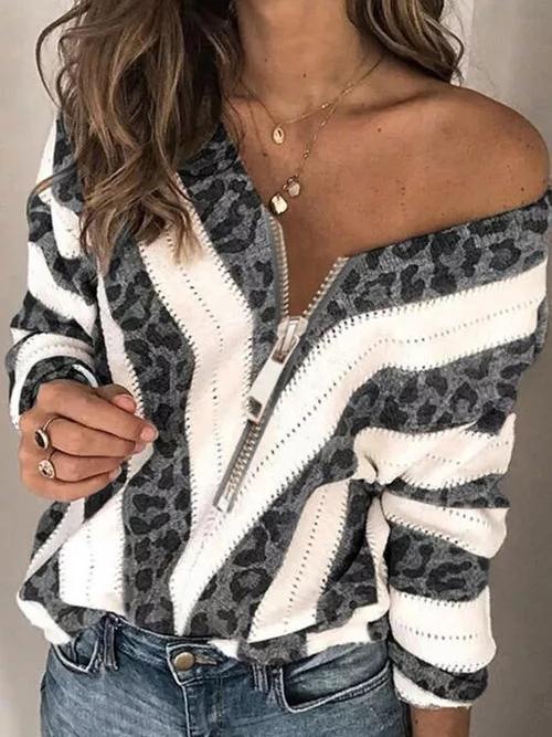 Women's Sweaters Leopard Print V-Neck Zip Long Sleeve Sweater