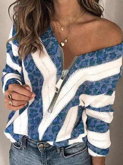 Women's Sweaters Leopard Print V-Neck Zip Long Sleeve Sweater