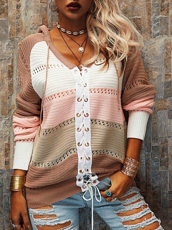 Women's Sweaters Long Sleeve Contrast Stitching Lace-Up Sweater
