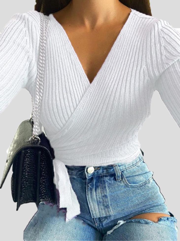Women's Sweaters Long Sleeve V-Neck Lace-Up Sweater