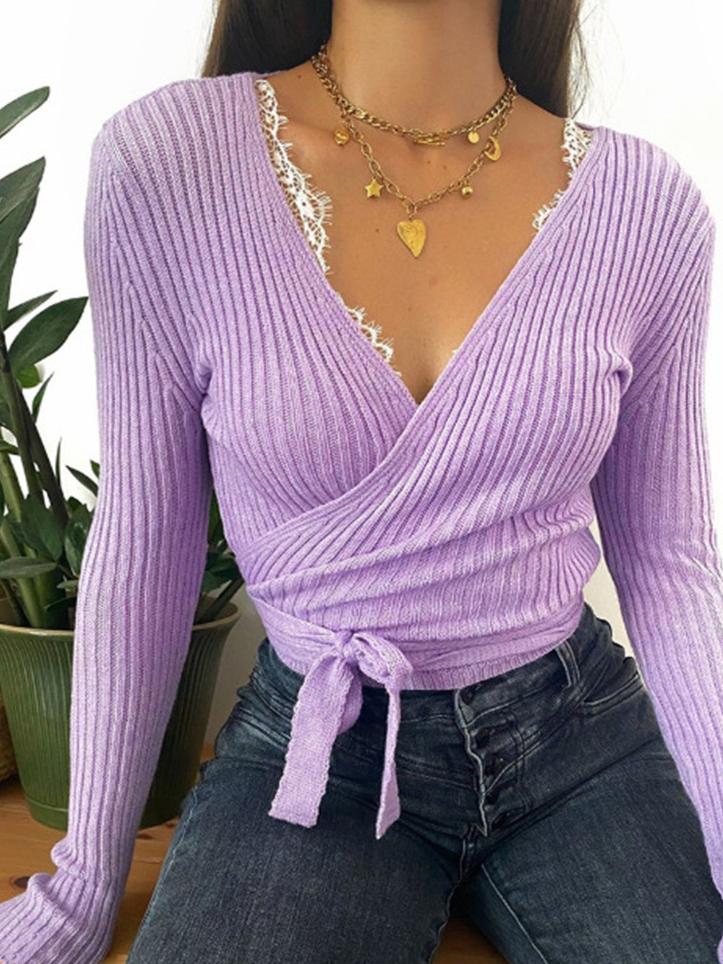 Women's Sweaters Long Sleeve V-Neck Lace-Up Sweater