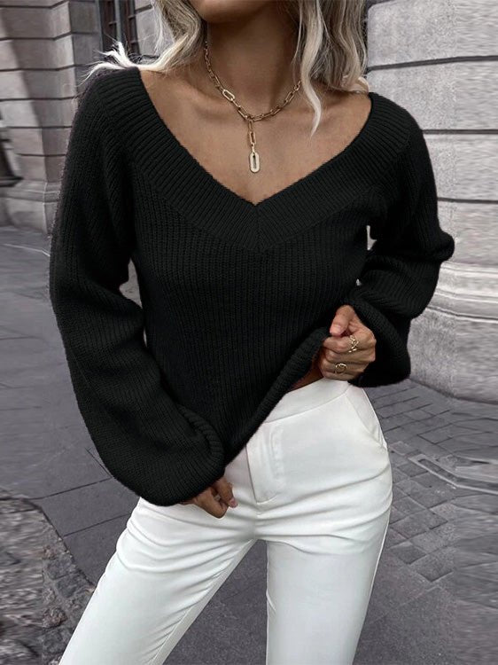 Women's Sweaters Loose Solid V-Neck Long Sleeve Sweater