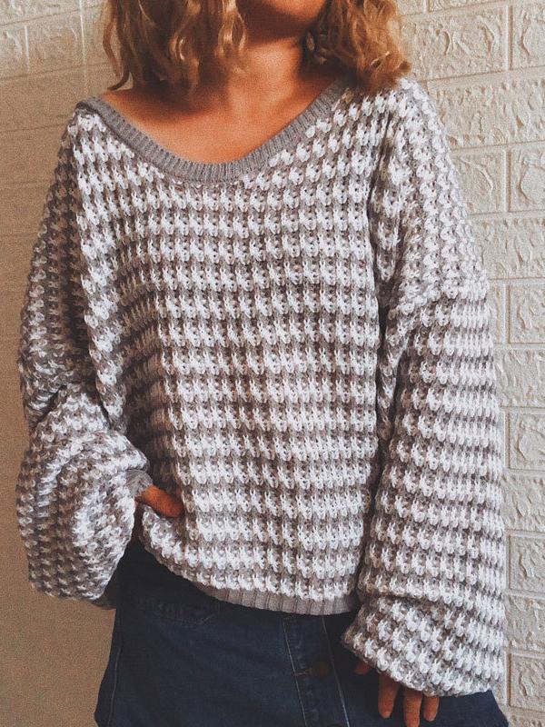 Women's Sweaters Loose Striped V-Neck Long Sleeve Sweater