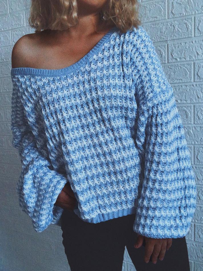 Women's Sweaters Loose Striped V-Neck Long Sleeve Sweater