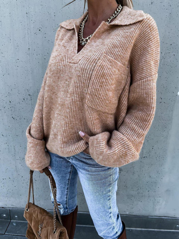 Women's Sweaters Loose V-Neck Pocket Long Sleeve Sweater