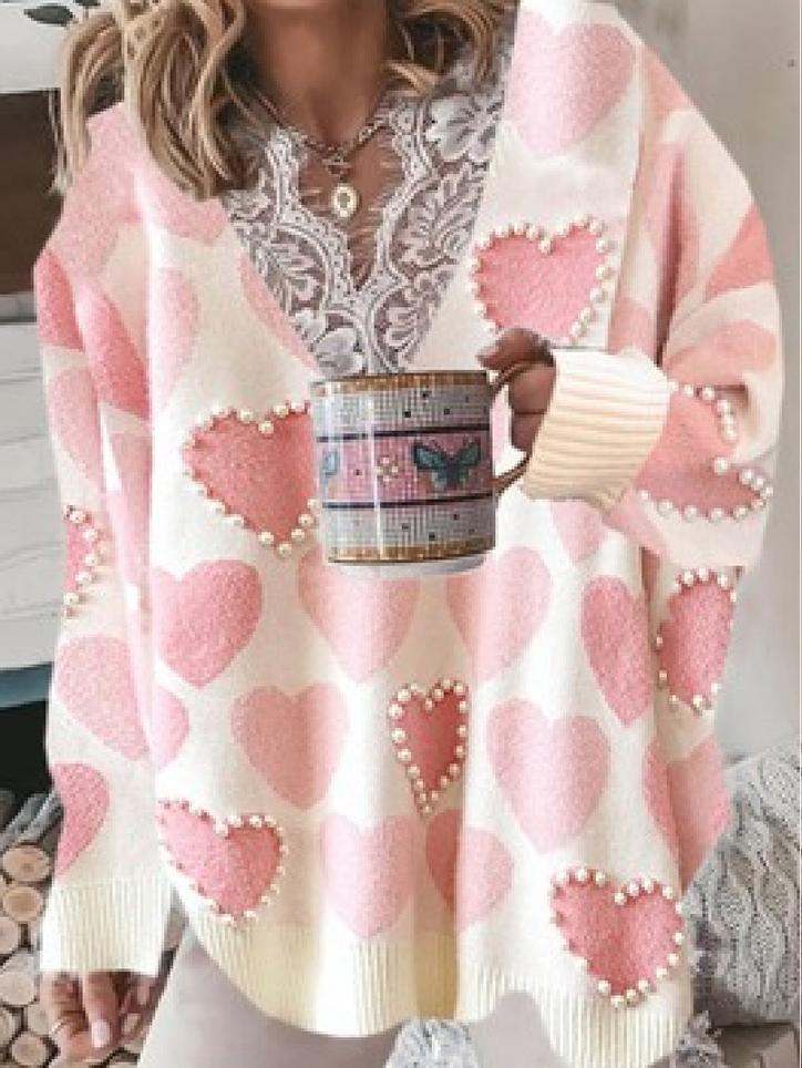 Women's Sweaters Love Beaded Lace V-Neck Long Sleeve Sweater