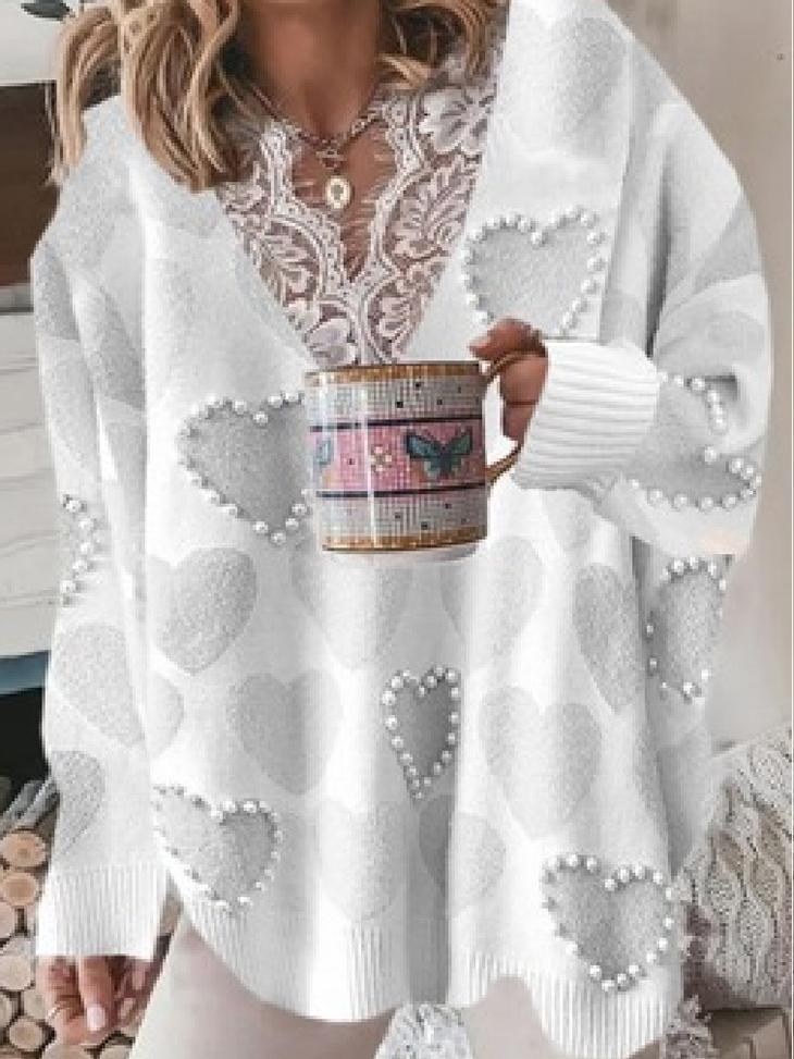 Women's Sweaters Love Beaded Lace V-Neck Long Sleeve Sweater