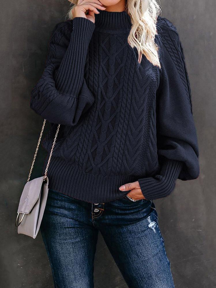 Women's Sweaters Mid-Neck Solid Long Sleeve Knitted Sweater